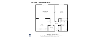 A black and white image of a floor plan for a one bedroom apartment.