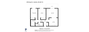 A floor plan for a 2 Bedroom apartment sized 743 sq ft or 69 m2.