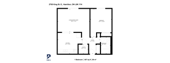 A floor plan for a one bedroom apartment at 2705 King St. E., Hamilton, ON L8K 1Y4.