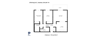 A black and white image of a floor plan for a 2 bedroom apartment.