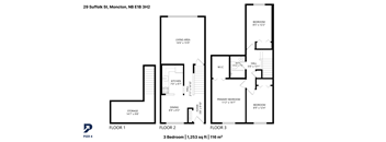 A black and white diagram of a three bedroom, 1265 square foot home.