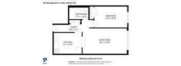 A black and white image of a floor plan for a one bedroom apartment.