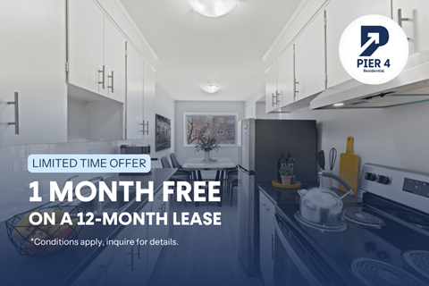 A kitchen with a 1 month free on a 12-month lease offer.