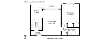 A floor plan for a one bedroom apartment at 294 Lorne Ave, Kitchener, ON N2M 3Z1.