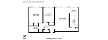 A floor plan of a two bedroom apartment with a living room, two bedrooms, a bathroom, a foyer and a kitchen.