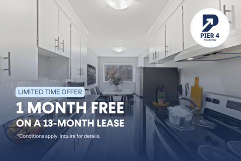 A kitchen with a 1 month free on a 13-month lease offer.