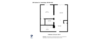 A black and white image of a floor plan for a one bedroom apartment.