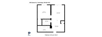 A black and white image of a floor plan for a one bedroom apartment.