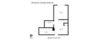 A floor plan for a Bachelor apartment at 309 Garden St., Cambridge, ON N3H 4C8, showing a living area, kitchen, and bedroom.