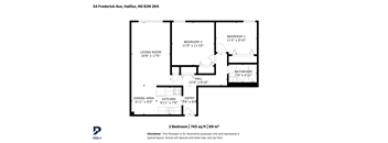 A black and white image of a floor plan for a 2 bedroom apartment.