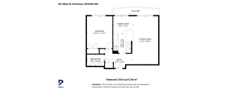 Floor plan for a 1 bedroom apartment sized 633 sq ft.