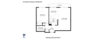 A floor plan for a one bedroom apartment at 36 Talbot St, Kitchener, ON N2M 2A9.