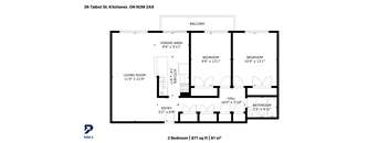 A floor plan for a two bedroom apartment at 36 Talbot St, Kitchener, ON N2M 2A9.