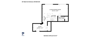 A floor plan for a Bachelor apartment at 36 Talbot St, Kitchener, ON N2M 2A9.