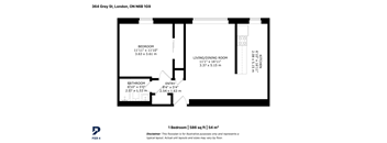 A black and white image of a floor plan for a one bedroom apartment.