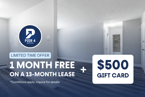 A promotional image for Pier 4 Residential offering a free month on a 13-month lease with a $500 gift card.