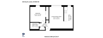 A floor plan for a one bedroom apartment at 364 Grey St, London.