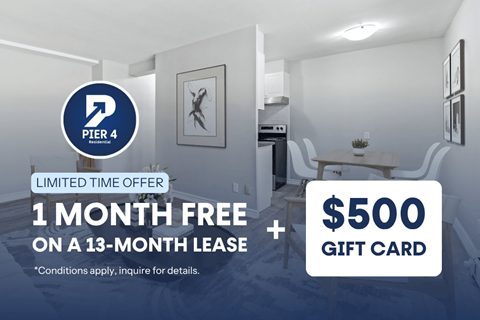A promotional image for a limited time offer on a 13-month lease with a $500 gift card.