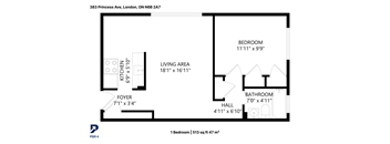 A floor plan for a one bedroom apartment at Pier 4.