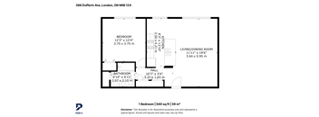 A floor plan for a 1 bedroom apartment of 640 sq ft (59 m2) is shown.