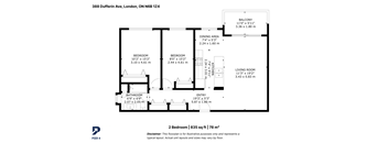 A black and white image of a floor plan for a 2 bedroom apartment.