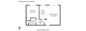 A floor plan for a one bedroom apartment at 388 Dufferin Ave, London, ON N6B 1Z4.