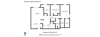 A black and white image of a 3 bedroom apartment layout.