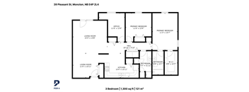 A black and white image of a floor plan for a 3 bedroom, 1,300 square foot, 121 square meter home.