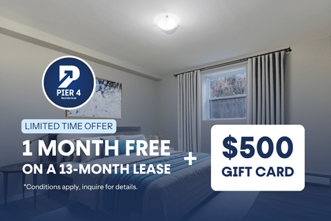 A room with a window and a poster on the wall advertising a limited time offer for a free month on a 13-month lease with a $500 gift card.