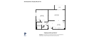 A black and white image of a floor plan for a one bedroom apartment.
