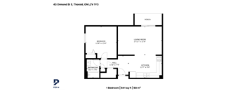 A black and white image of a floor plan for a one bedroom apartment.