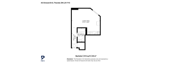 A floor plan for a Bachelor apartment is shown with a living area, a bathroom, and kitchen.