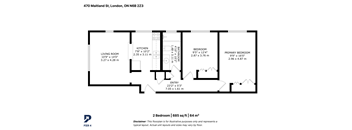 A black and white image of a floor plan for a 2 bedroom apartment.
