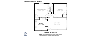 A floor plan for a two bedroom apartment measuring 780 sq ft / 73 m2.