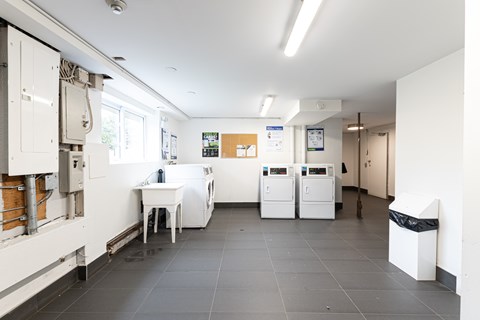 A clean, empty kitchen with white cabinets and a black trash can.