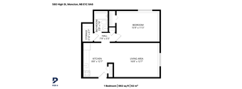 A floor plan for a one bedroom apartment at 580 High St, Moncton, NB E1C 9A6.