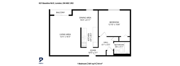 A floor plan of a one bedroom apartment at 621 Baseline Rd E, London, ON N6C 2R2.