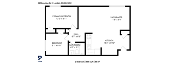 A black and white image of a floor plan for a 2 bedroom apartment.