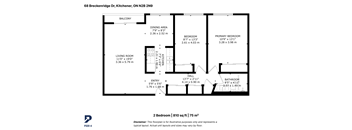 A black and white image of a 2 bedroom apartment layout.
