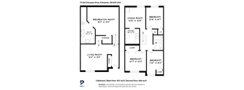 A floor plan for a 3 bedroom home with a living room, dining room, kitchen, and two bedrooms.