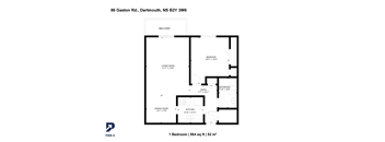 A black and white floor plan for a one bedroom apartment.