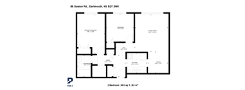 A floor plan for a 2 bedroom, 63 sq ft, 60 in x 60 in room.