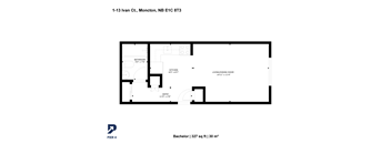 A floor plan of a Bachelor apartment with a bathroom, kitchen and entry.