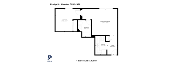 A black and white image of a floor plan for a one bedroom apartment.