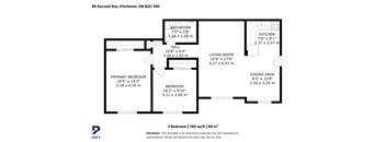 A floor plan for a 2 bedroom apartment sized at 740 sq ft or 69 m2.