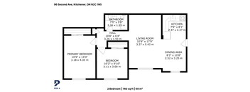 A floor plan for a 2 bedroom, 740 sq ft apartment.