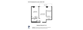 A black and white image of a floor plan for a one bedroom apartment.