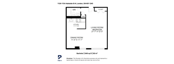 A floor plan for a typical layout of a living room, dining room, kitchen, and bathroom.