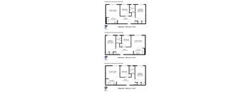 A set of four house floor plans with two bedrooms and a living area.
