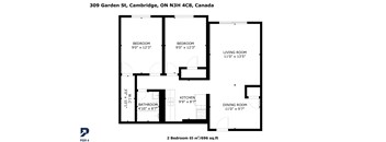 A floor plan for a 2 Bedroom 65 square feet apartment.